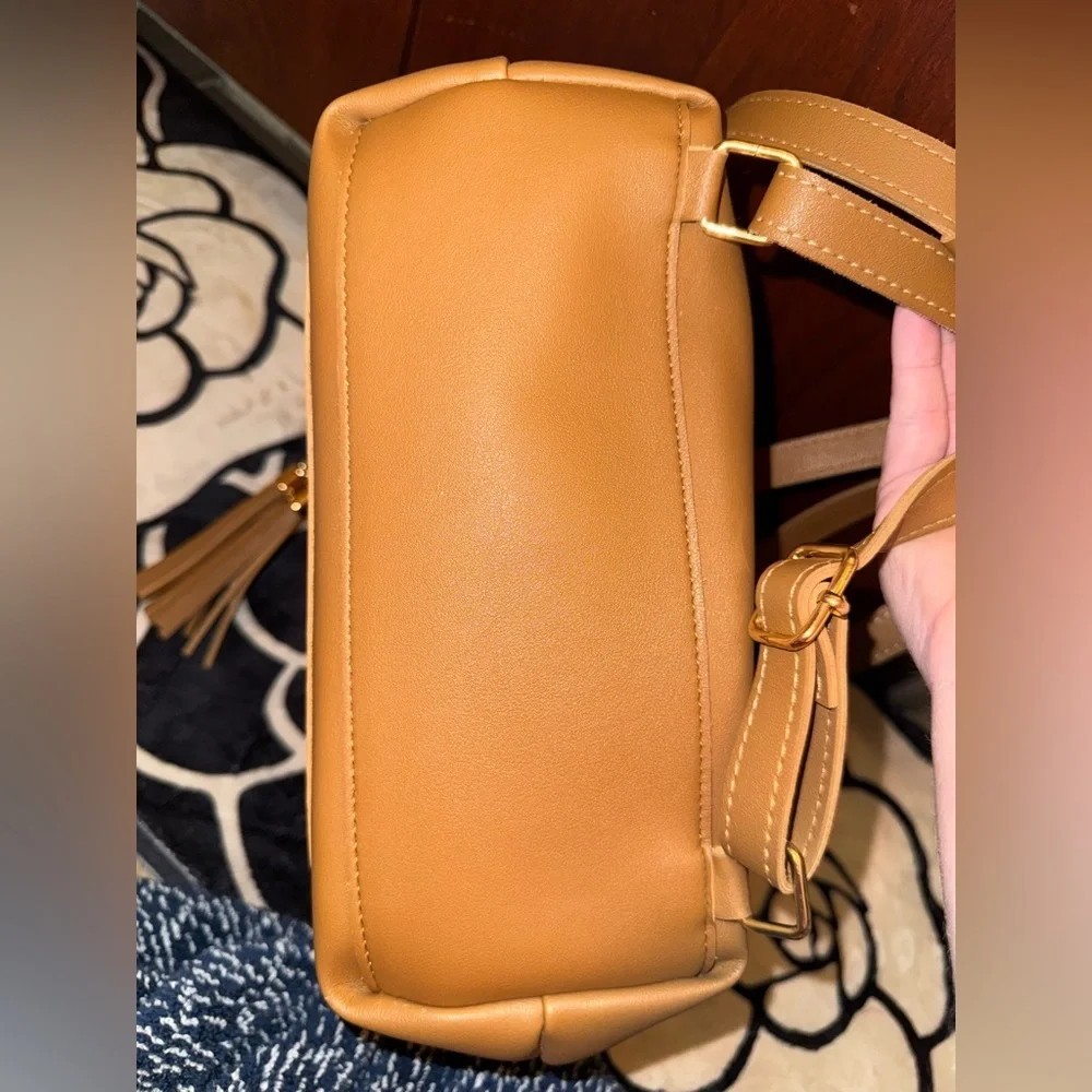 GORGEOUS CAMEL COLOR MINI BACKPACK WITH CONVERTIBLE STRAPS AND ACCENT TASSELS